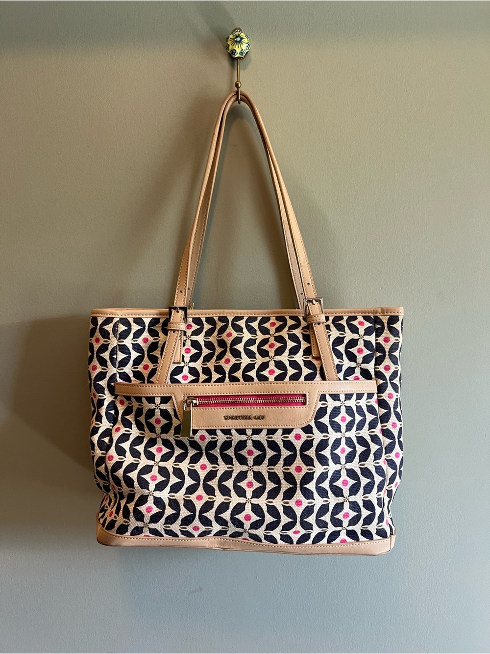 Spartina 449 Daufuskie Island Linen|Leather Pink and Navy Geometric Tote